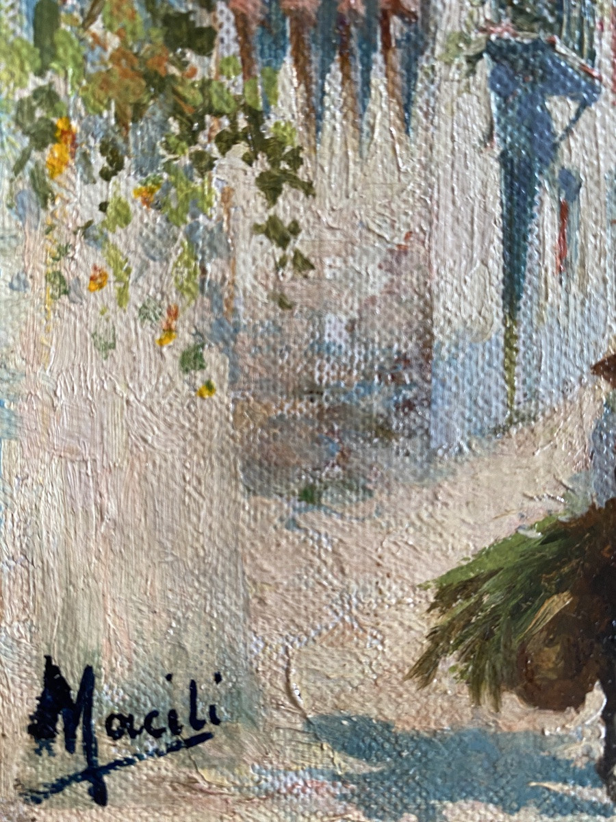 Scène méditerranéenne . Huile sur toile milieu XXème. Macili. École italienne. -photo-4