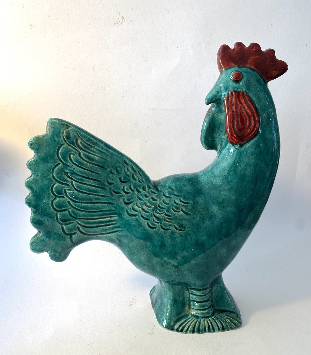 Coq en céramique émaillée verte. France années 50. -photo-2