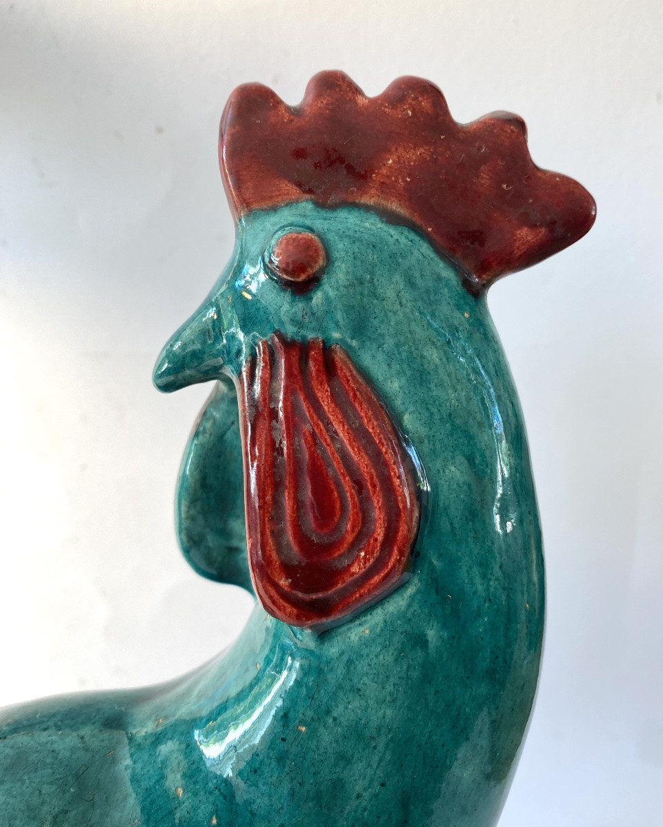 Coq en céramique émaillée verte. France années 50. -photo-3