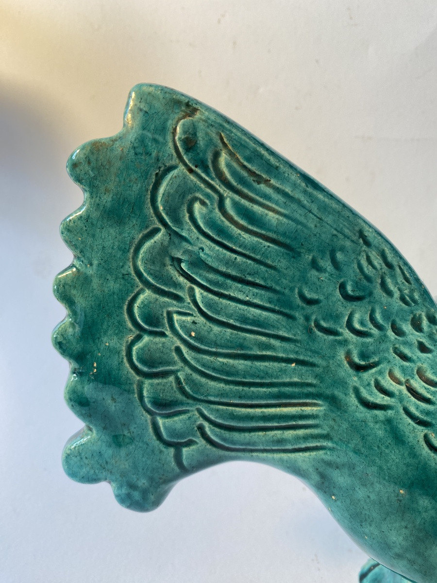 Coq en céramique émaillée verte. France années 50. -photo-4
