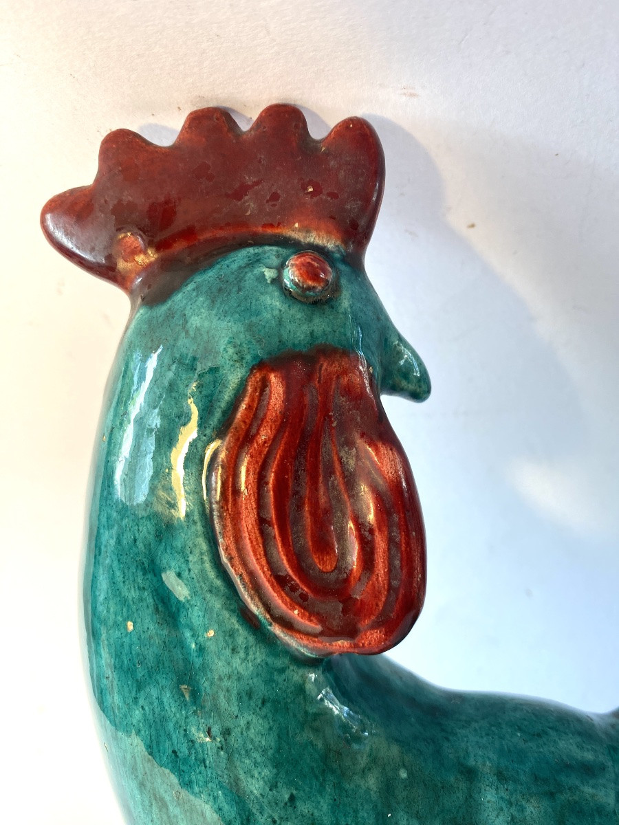 Coq en céramique émaillée verte. France années 50. -photo-1