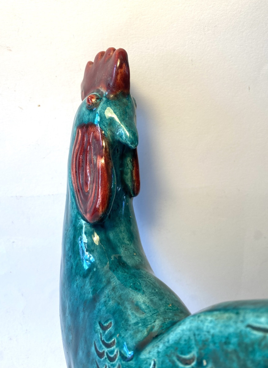 Coq en céramique émaillée verte. France années 50. -photo-7