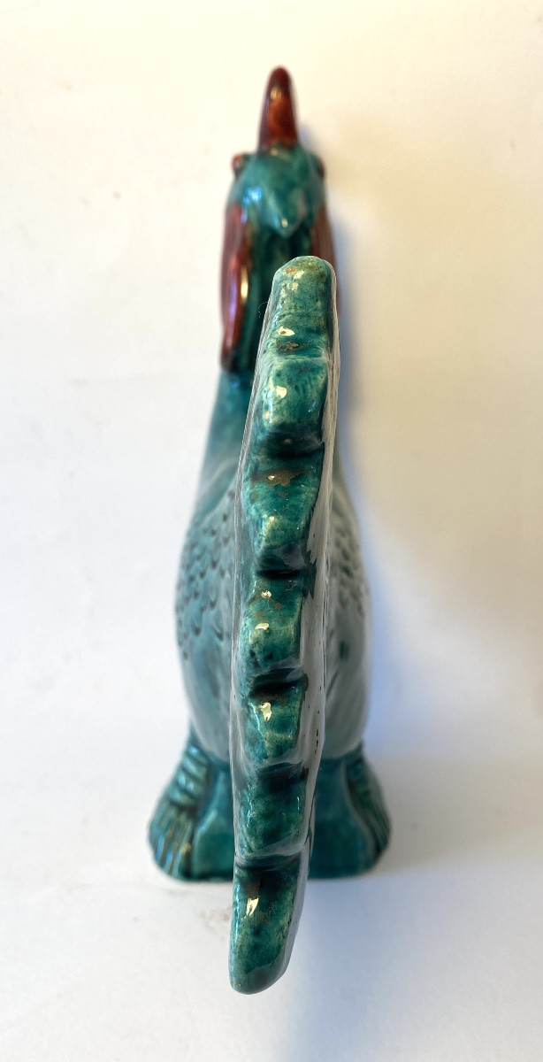 Green Glazed Ceramic Rooster. France, 1950s. -photo-5