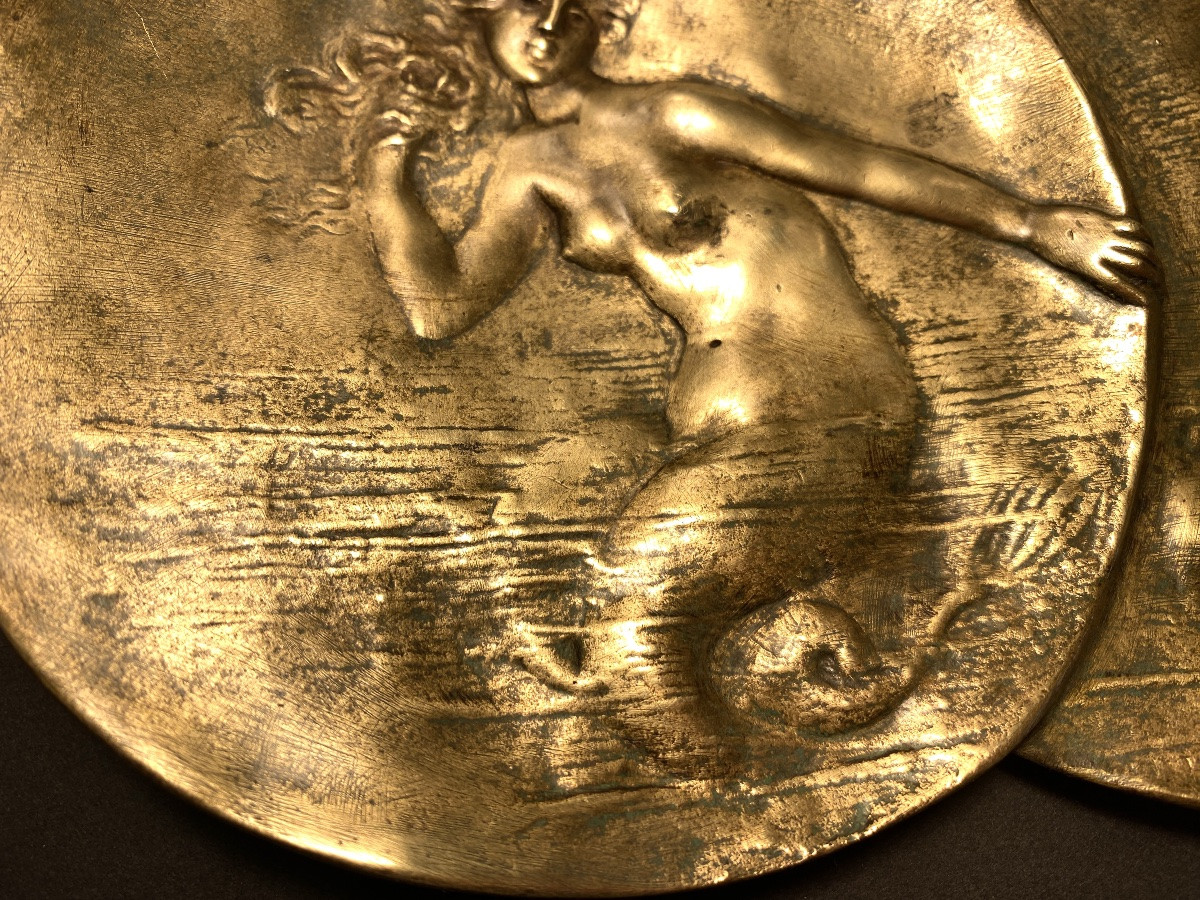 Jules Jouant. Coupelle en bronze Art Nouveau.  Sirène et crabes. -photo-2