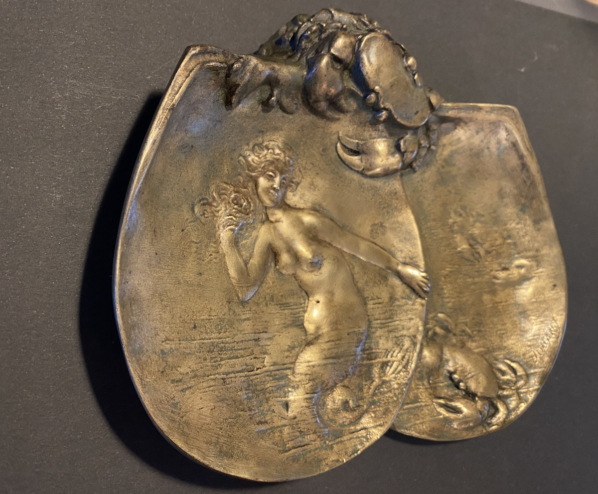 Jules Jouant. Coupelle en bronze Art Nouveau.  Sirène et crabes. -photo-2