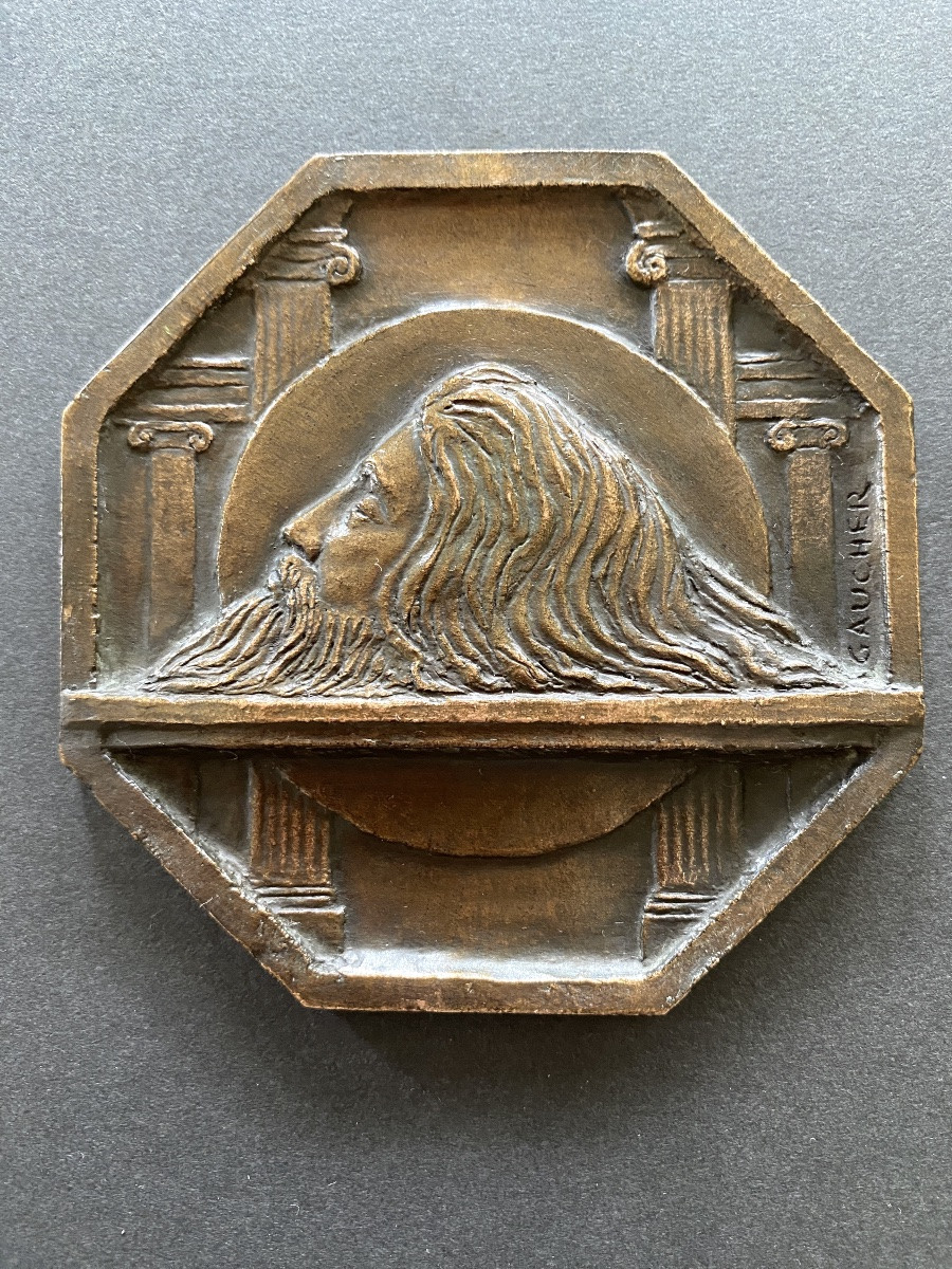 G. Gaucher.  « La tête de St Jean-Baptiste ». Deux médaillons  début XXème. Bronze et céramique-photo-2