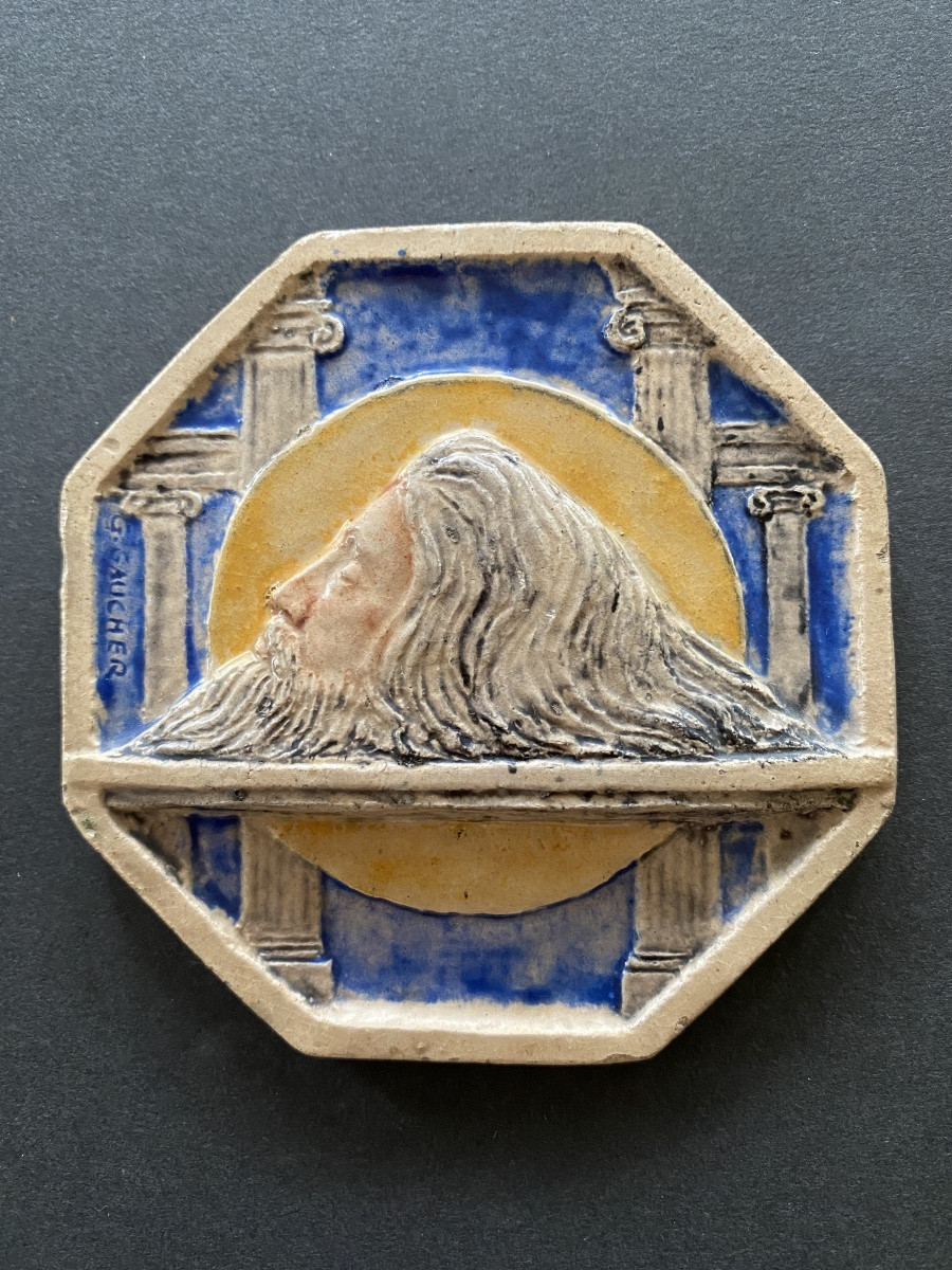 G. Gaucher.  « La tête de St Jean-Baptiste ». Deux médaillons  début XXème. Bronze et céramique-photo-3