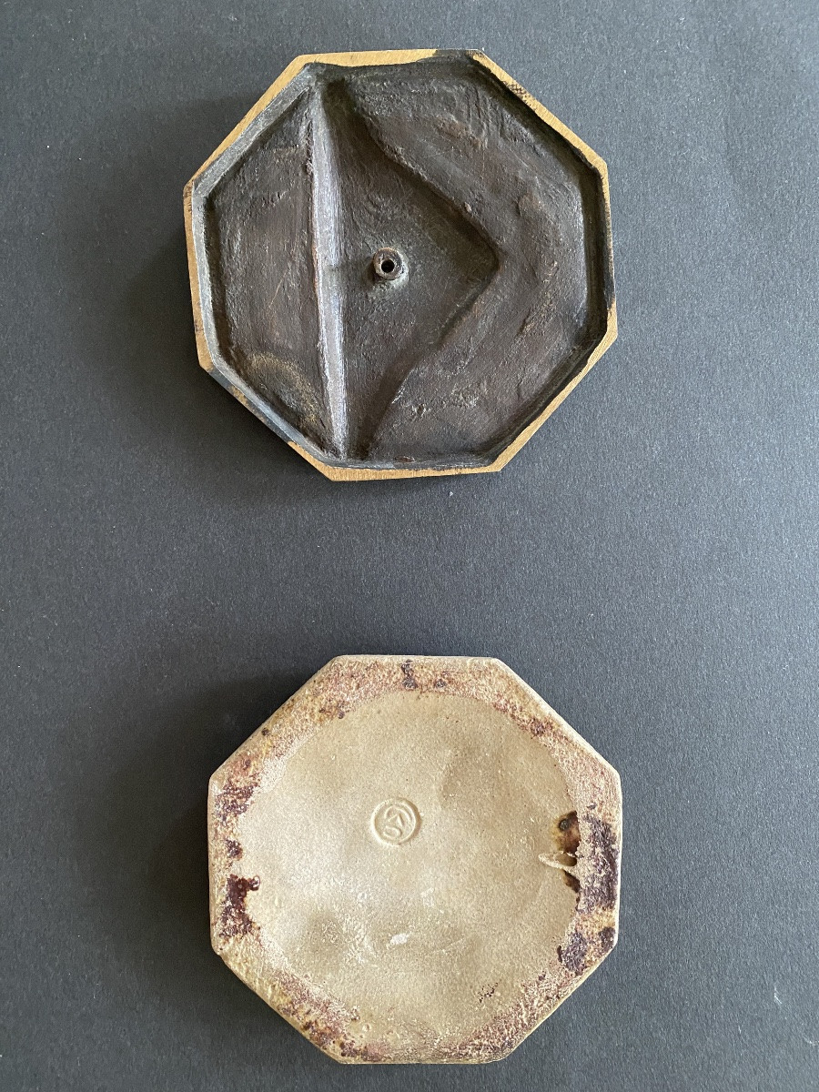 G. Gaucher.  « La tête de St Jean-Baptiste ». Deux médaillons  début XXème. Bronze et céramique-photo-4