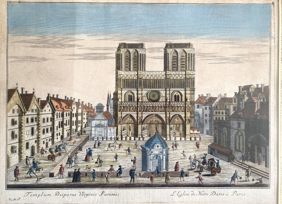 Notre-Dame de Paris. Vue d’optique encadrée  XVIIIème. Gravure avec rehauts d’aquarelle. -photo-2