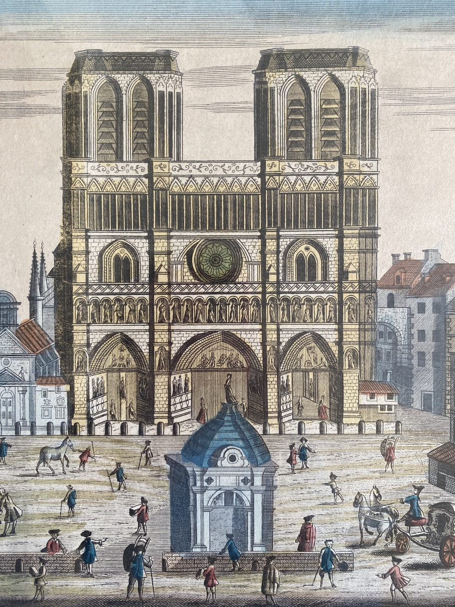 Notre-Dame de Paris. Vue d’optique encadrée  XVIIIème. Gravure avec rehauts d’aquarelle. -photo-3