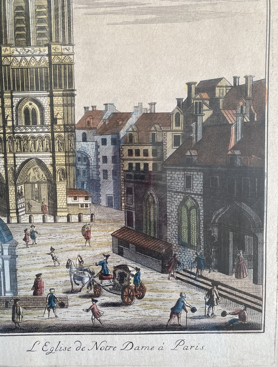 Notre-Dame de Paris. Vue d’optique encadrée  XVIIIème. Gravure avec rehauts d’aquarelle. -photo-1