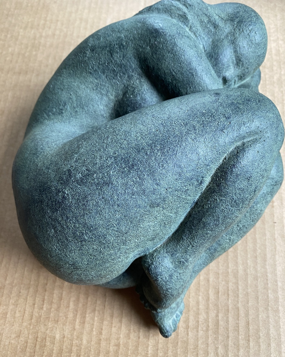 Edmond Gintoli. Sleeping Female Nude. Terracotta With Green Patina. 20th Century.-photo-2