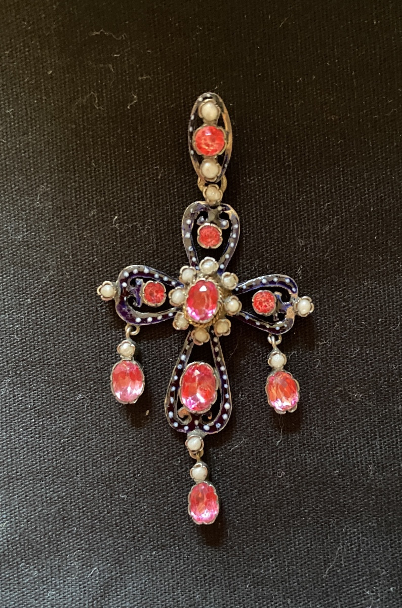 XIXth Silver Cross, Rhinestones, Pearls, Black And White Enamel. 