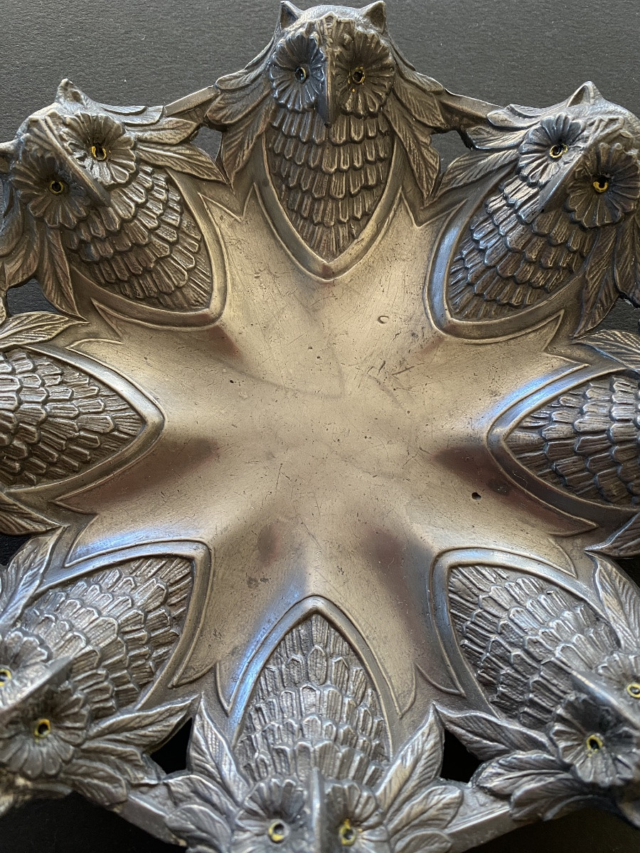Pewter Bowl . Early 20th Century. Round Owls. -photo-2