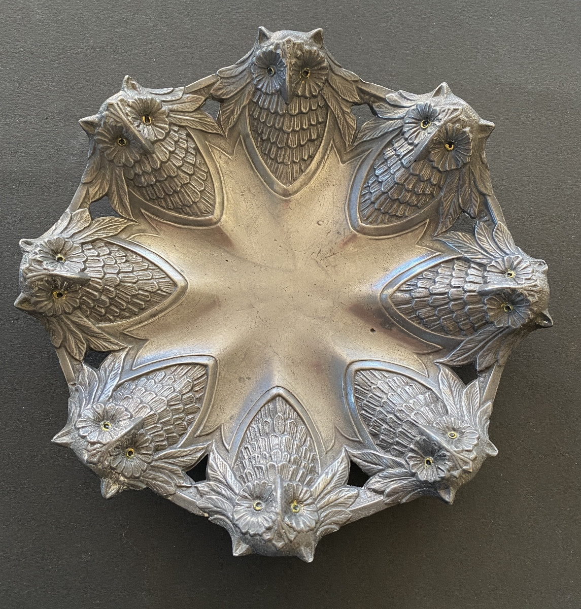 Pewter Bowl . Early 20th Century. Round Owls. 