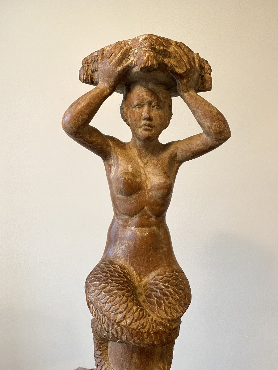 Carved Wooden Caryatid From The Early 20th Century. Mermaid. -photo-2
