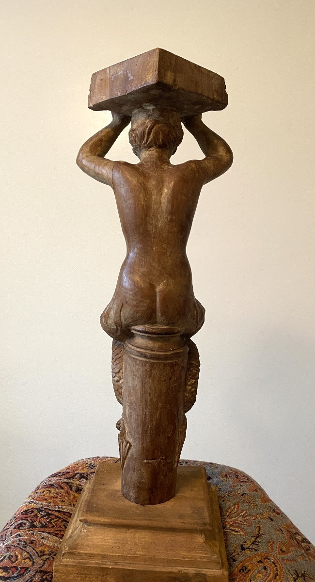 Carved Wooden Caryatid From The Early 20th Century. Mermaid. -photo-1
