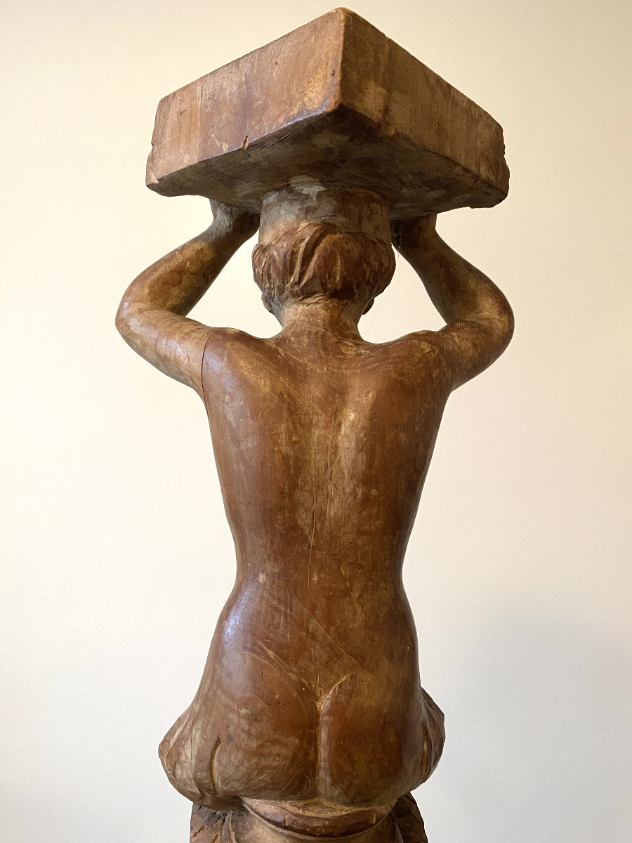 Carved Wooden Caryatid From The Early 20th Century. Mermaid. -photo-2