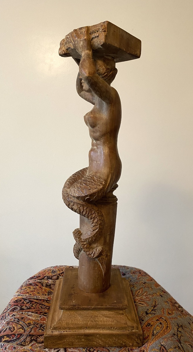 Carved Wooden Caryatid From The Early 20th Century. Mermaid. -photo-3