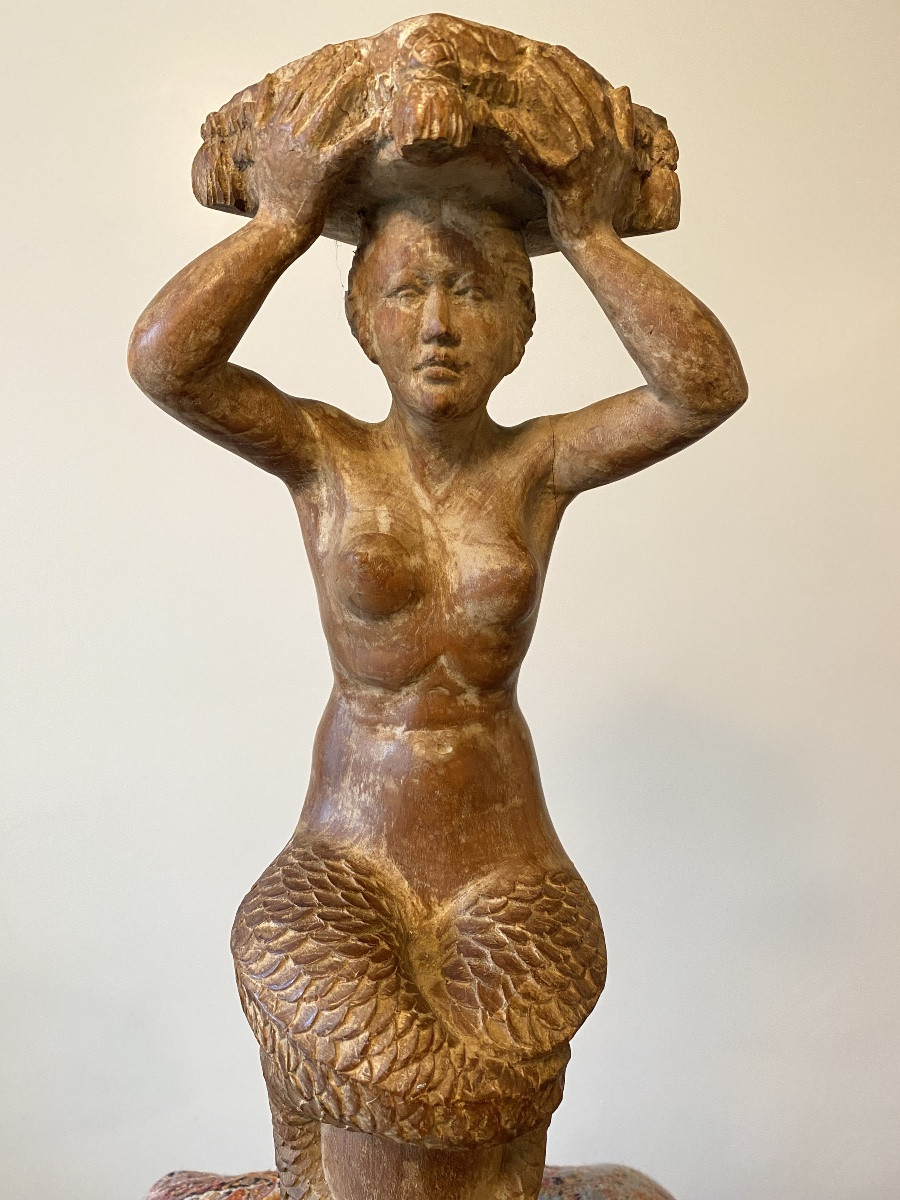 Carved Wooden Caryatid From The Early 20th Century. Mermaid. -photo-4