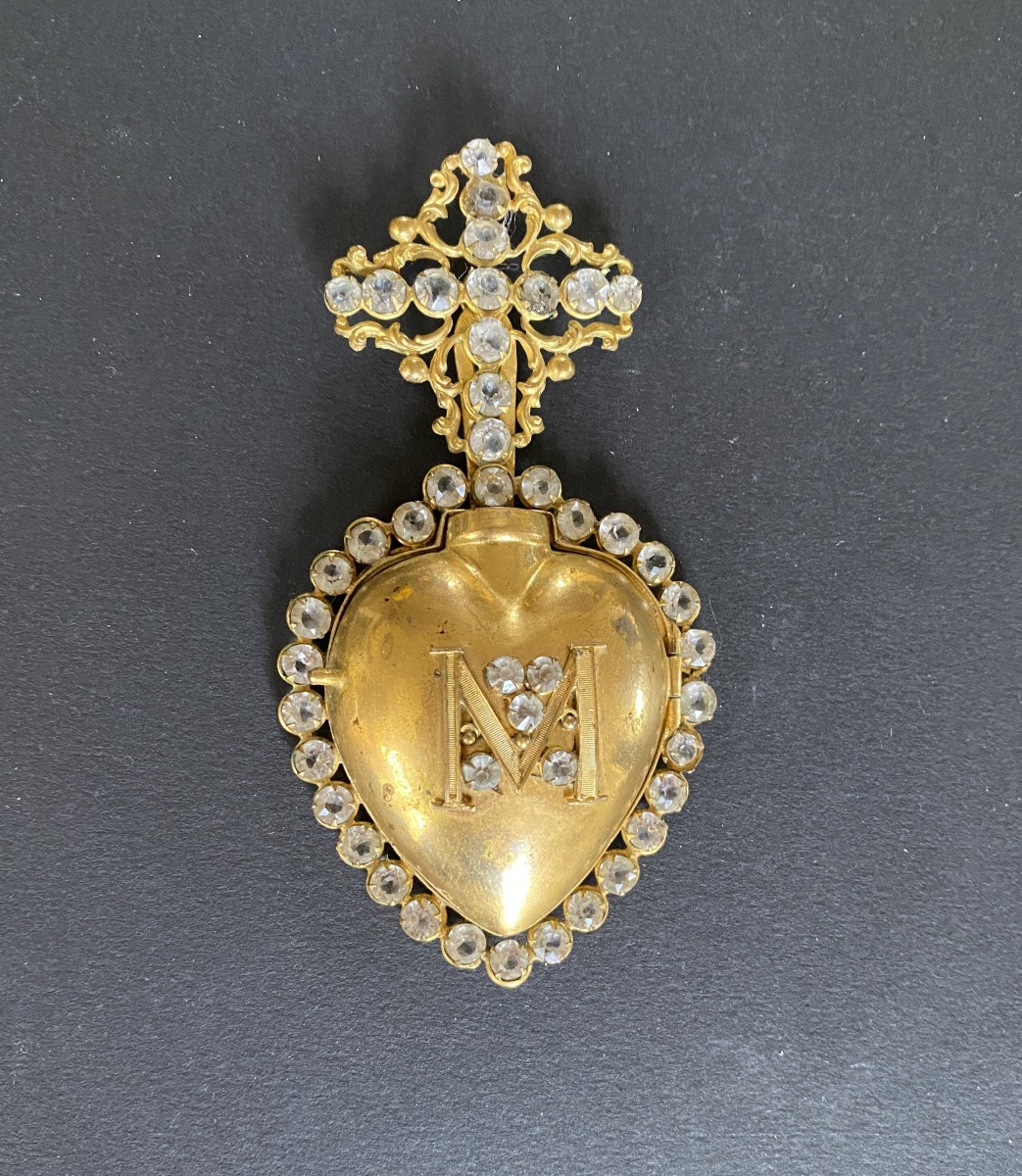 Heart Of Mary In Gilded Brass And Rhinestones, 19th . Ex-voto. Relic Holder. -photo-2