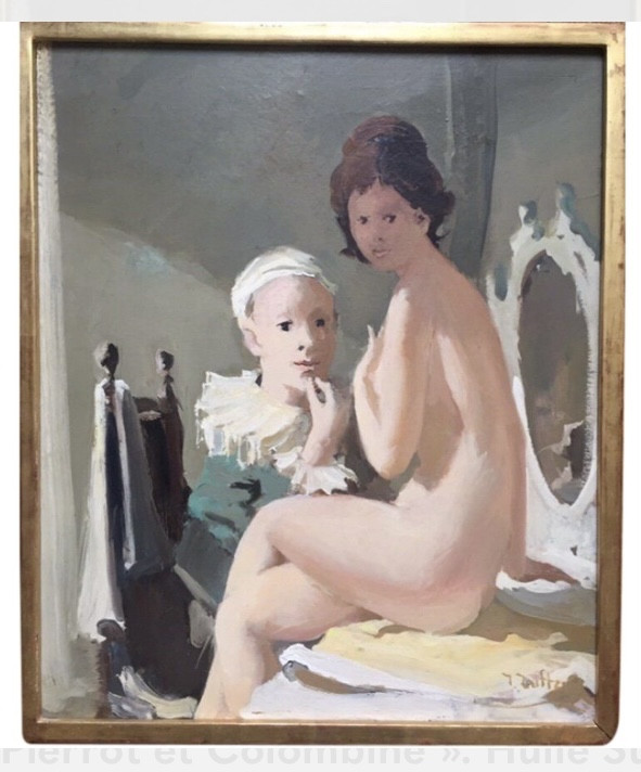Jonathan Zutter. “pierrot And Colombine”. Framed Oil On Canvas, Mid-20th Century. 