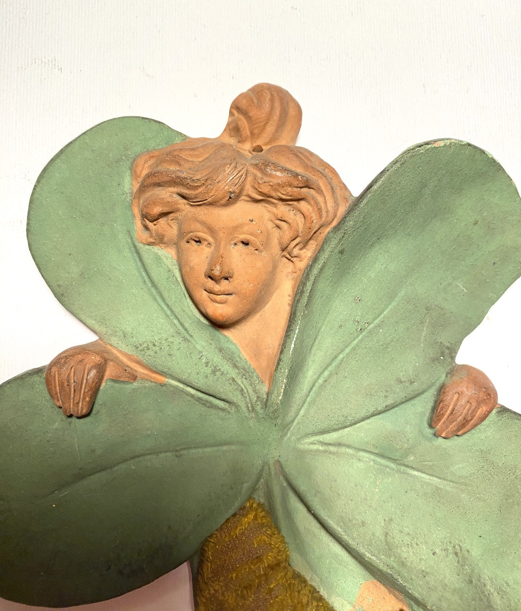 “ I Bring Good Luck.” Art Nouveau Terracotta Pincushion. Four-leaf Clover. -photo-2