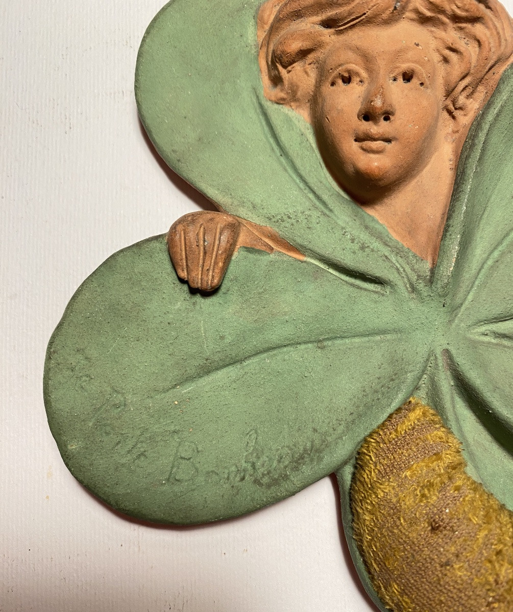 “ I Bring Good Luck.” Art Nouveau Terracotta Pincushion. Four-leaf Clover. -photo-3