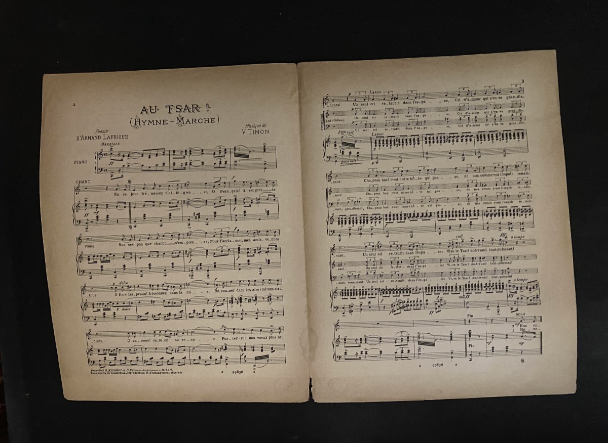 “ Au Tsar!”. Score  Late 19th . Edition By G. Ricordi. Text By Lafrique And Music By Timon.-photo-3
