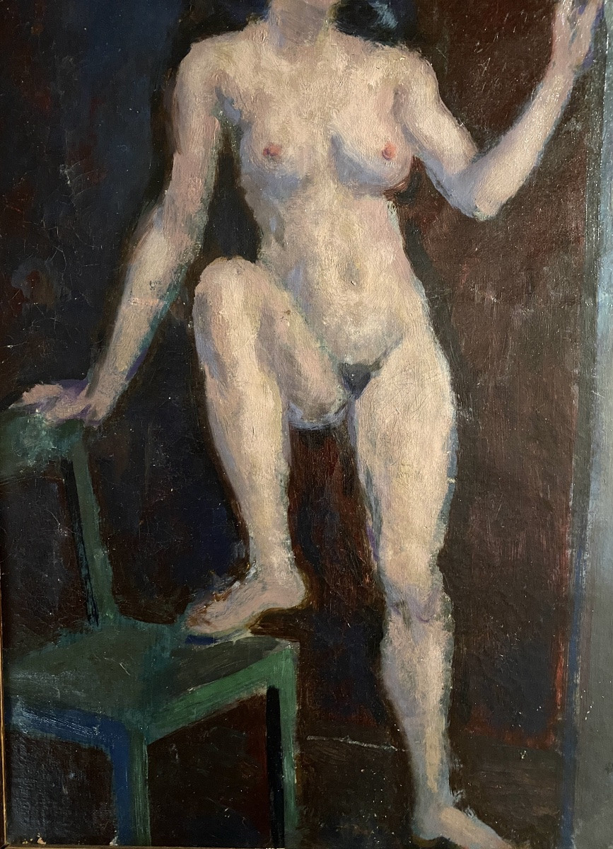 “ The Model In The Studio.” Female Nude. Oil On Canvas Mounted On Cardboard. Mid-20th Century. -photo-3