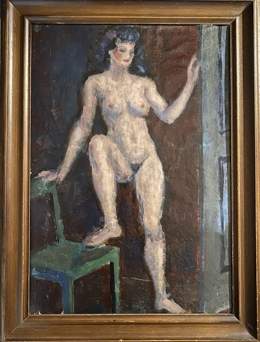 “ The Model In The Studio.” Female Nude. Oil On Canvas Mounted On Cardboard. Mid-20th Century. 