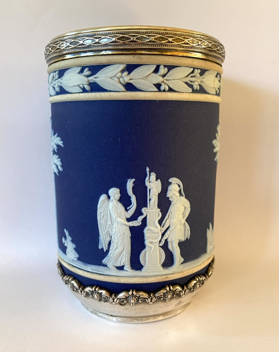Wedgwood England. Vase en céramique jasper ware, Portland blue XIXème. Monture argent. -photo-2