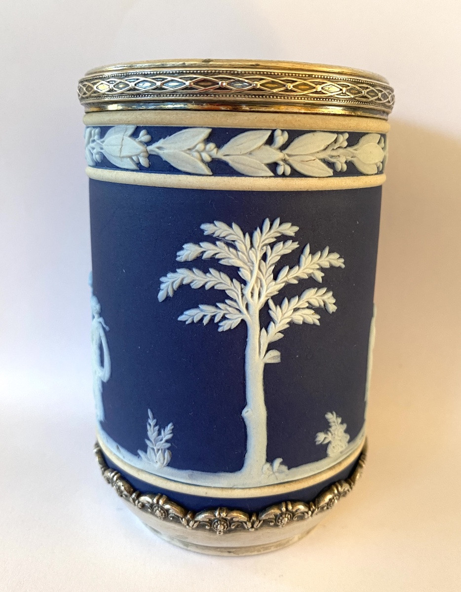 Wedgwood England. Vase en céramique jasper ware, Portland blue XIXème. Monture argent. -photo-4