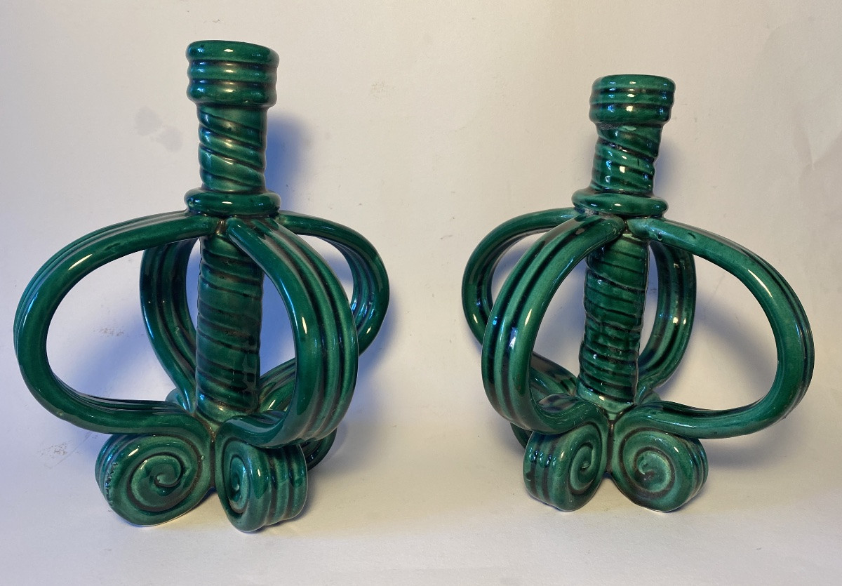 Paire de bougeoirs en céramique émaillée verte. Années 50.-photo-2