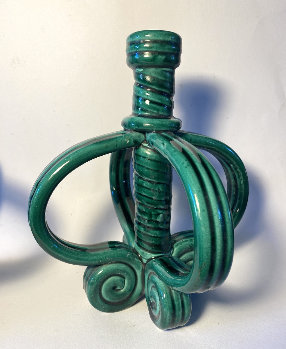 Paire de bougeoirs en céramique émaillée verte. Années 50.-photo-3