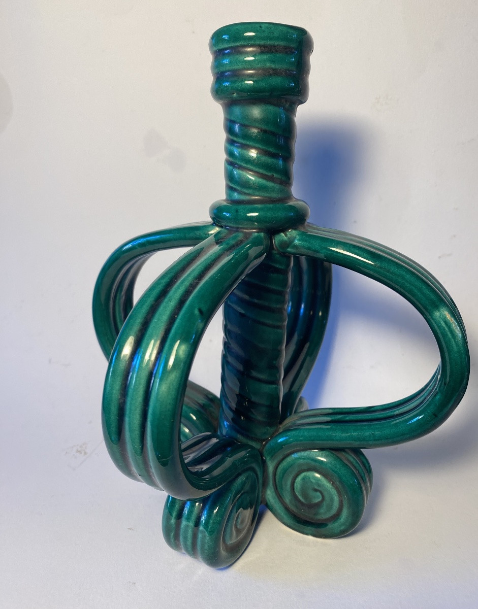 Paire de bougeoirs en céramique émaillée verte. Années 50.-photo-4