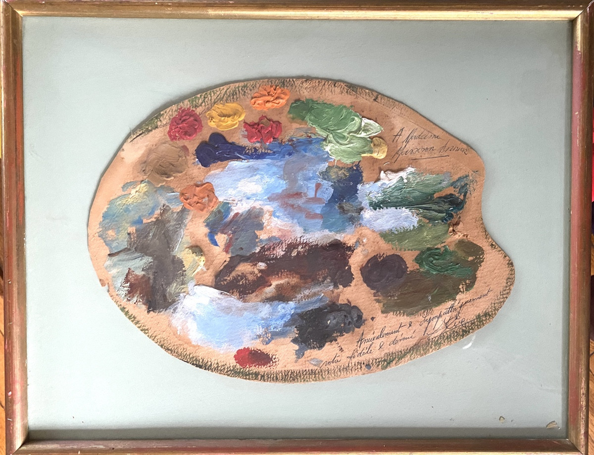 Palette encadrée milieu XXème. Huile sur carton encadrée. 