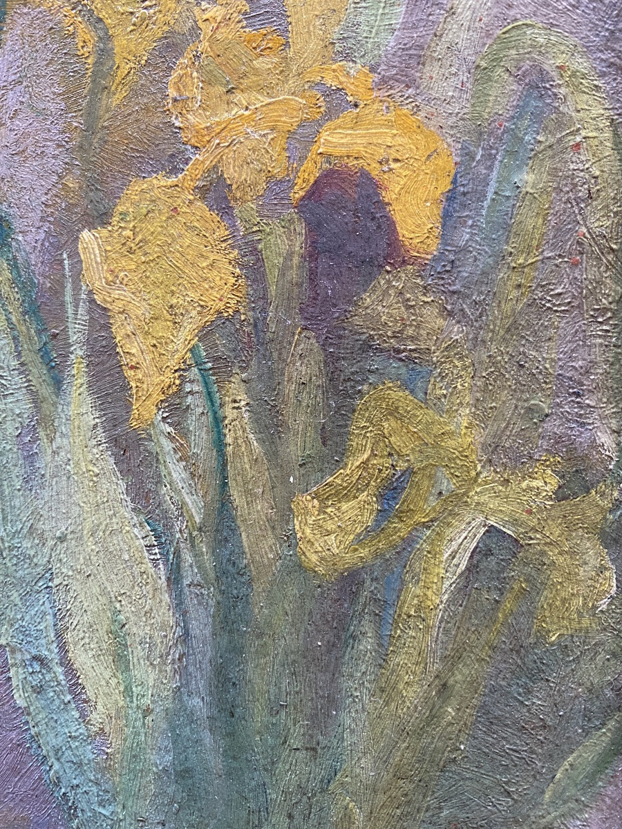 “Les iris jaunes”. Huile sur carton encadrée début XXème. -photo-4