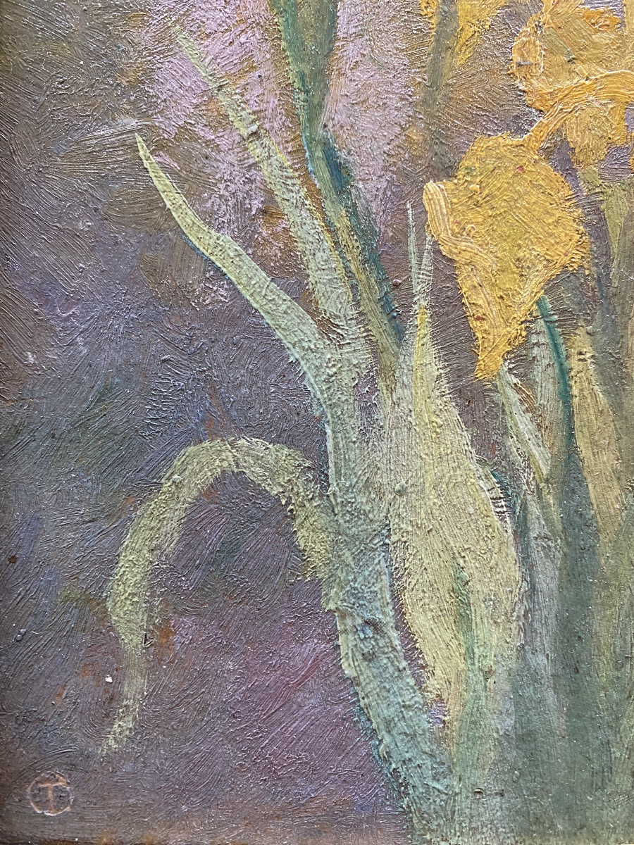 “Les iris jaunes”. Huile sur carton encadrée début XXème. -photo-2