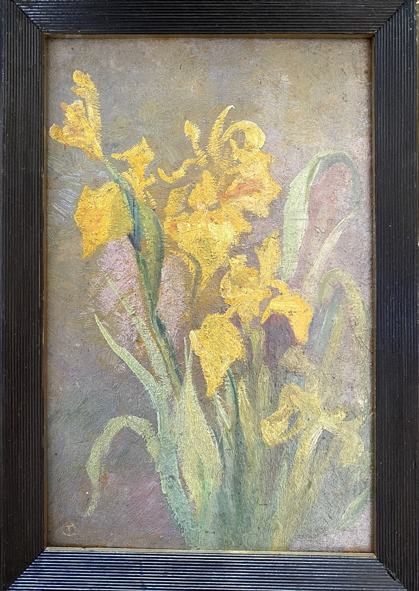 “Les iris jaunes”. Huile sur carton encadrée début XXème. 