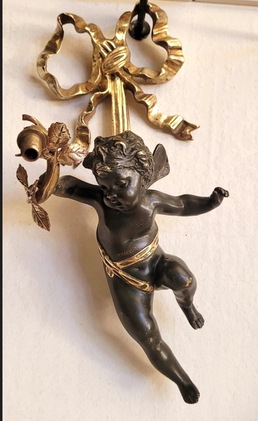 Louis XVI Style Wall Light. Angel, Glass Paste Tulip And Bronze Knot. -photo-2