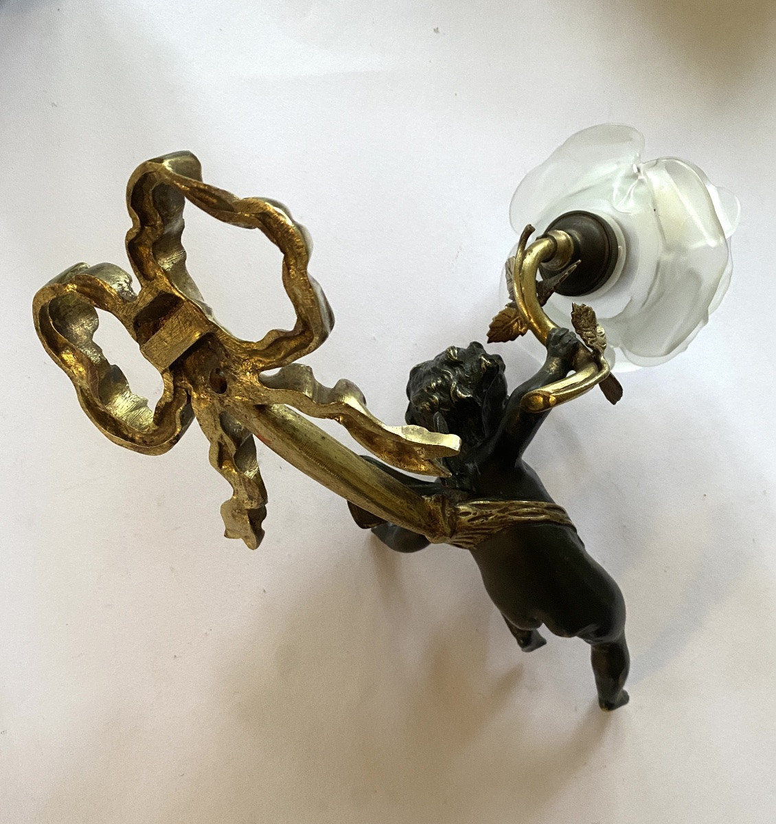 Louis XVI Style Wall Light. Angel, Glass Paste Tulip And Bronze Knot. -photo-2