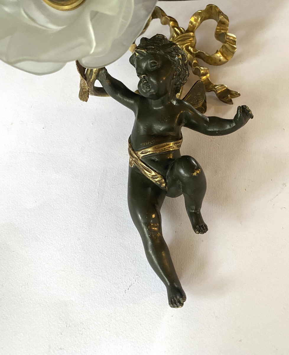 Louis XVI Style Wall Light. Angel, Glass Paste Tulip And Bronze Knot. -photo-4