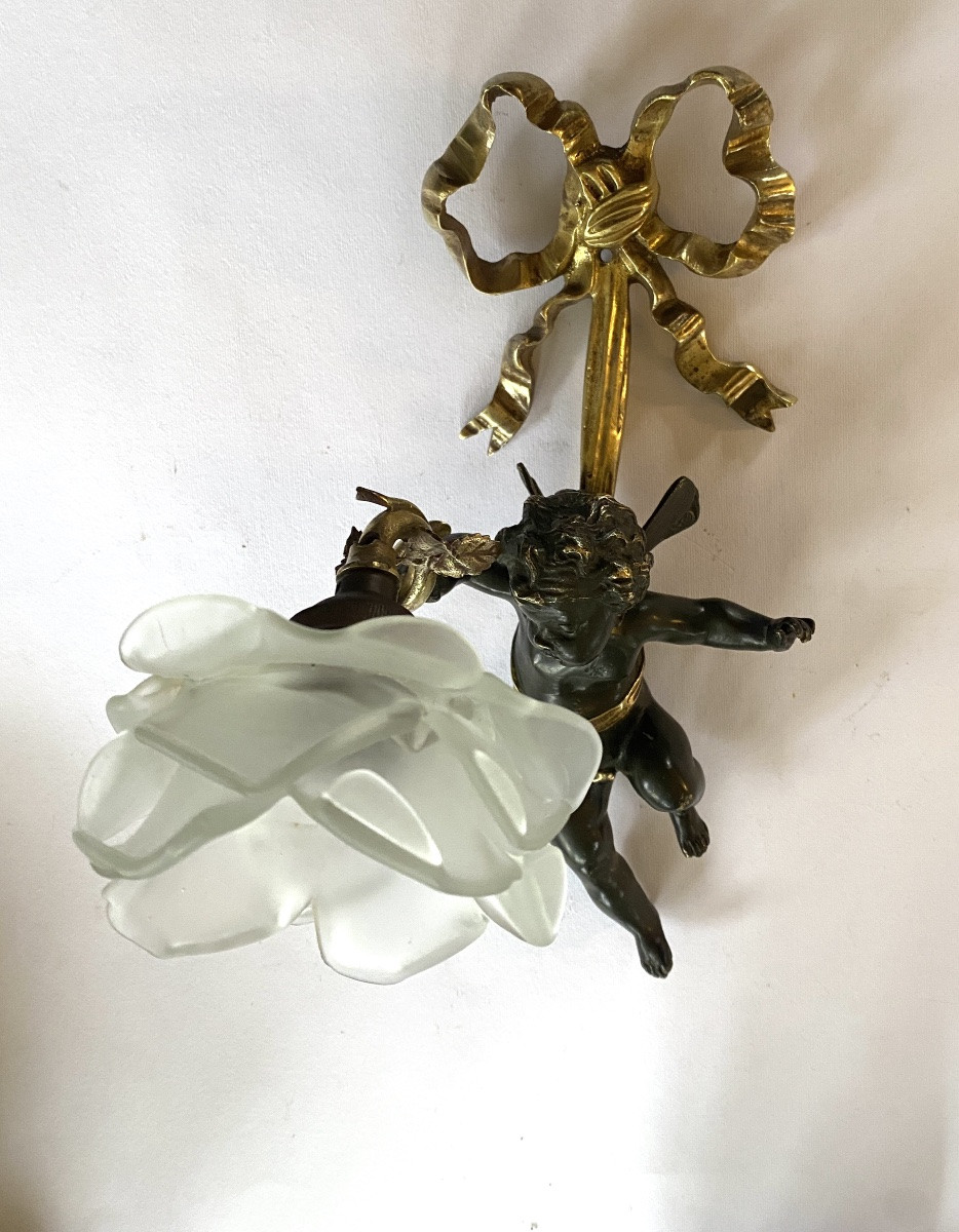 Louis XVI Style Wall Light. Angel, Glass Paste Tulip And Bronze Knot. -photo-5