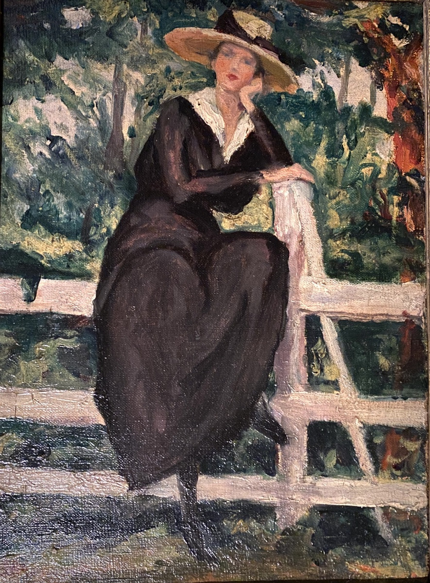 “Jeune femme au jardin”. Huile sur toile encadrée . Ecole française début XXème.-photo-2