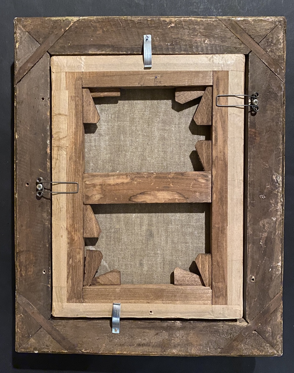 “Jeune femme au jardin”. Huile sur toile encadrée . Ecole française début XXème.-photo-3