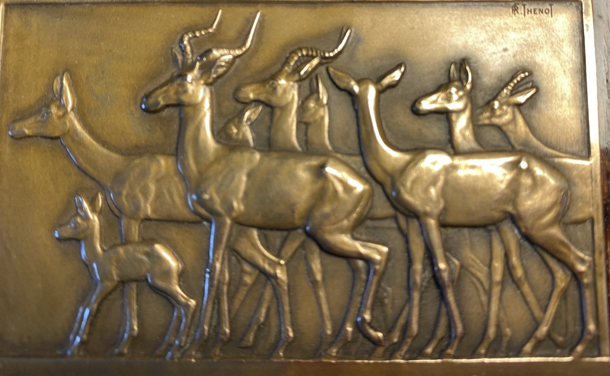 Coffret Art Déco en bois. Décor médaille animalière en bronze de René Thénot. -photo-3