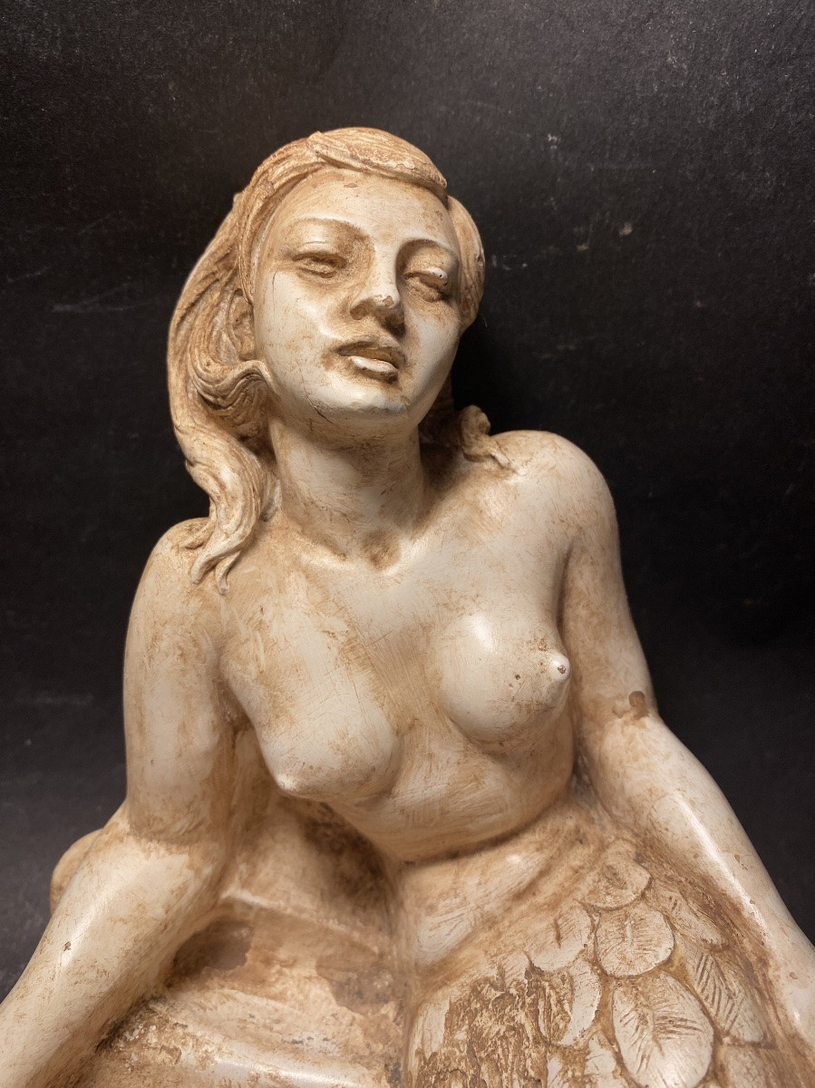 Mermaid Lying On A Shell. Patinated White Terracotta, Mid-20th Century. -photo-4
