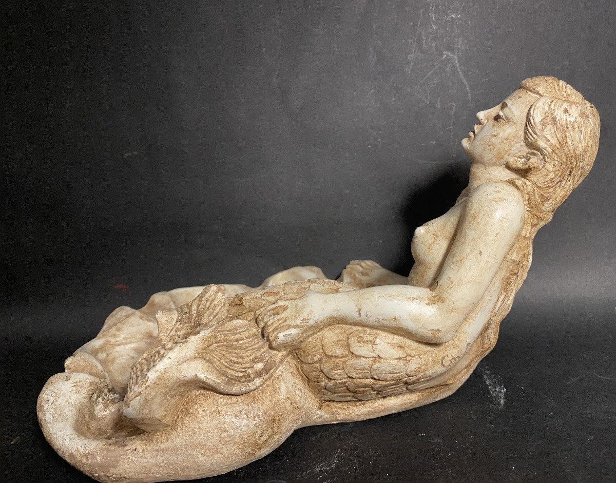 Mermaid Lying On A Shell. Patinated White Terracotta, Mid-20th Century. -photo-2