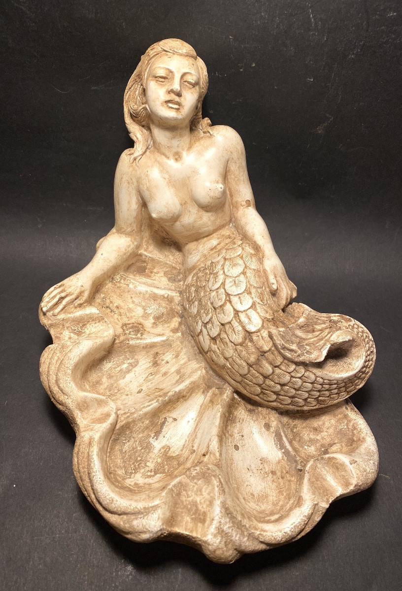 Mermaid Lying On A Shell. Patinated White Terracotta, Mid-20th Century. 